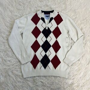 Tommy Hilfiger Boys Beige Red & Blue Knit Argyle 3/4 Zip Sweater Size Large NWT